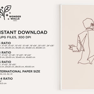 May include: A digital wall art print featuring a brown line drawing of two people embracing on a light beige background. The text includes Wonder Walls Prints, Instant Download, 15 JPG files, 300 DPI, and various aspect ratios from 4x6 to 24x36 inches.