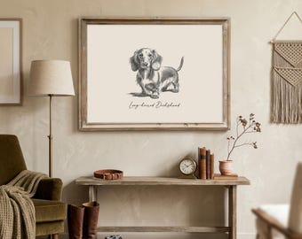 Impression teckel à poil long | Cadeau teckel | Art mural chien saucisse | Impression chien viennois | Art mural chien | Cadeau pour amoureux des chiens | Téléchargement numérique