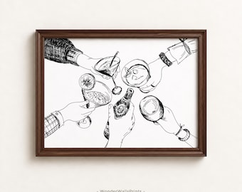 Décoration murale cocktail | Illustration « Toast à l'alcool » | Décoration pour chariot de bar | Illustration à l'encre noire | Téléchargement numérique