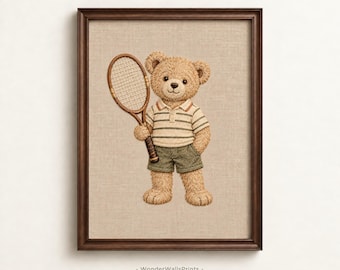 Tennis Wall Art | Teddy Bear with Racket | Vintage Sports Nursery | Digital Download