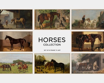 May include: A set of eight framed paintings depicting horses in various settings. The paintings are in a traditional style and feature a variety of horse breeds. The title "Horses Collection" and the text "Set of 8 Frame TV Art" are displayed below the images.