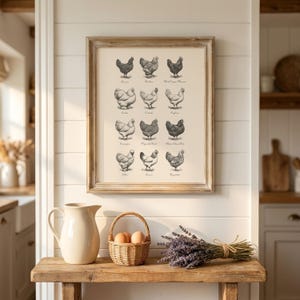 May include: A framed print featuring detailed illustrations of various chicken breeds, displayed above a rustic wooden table. The print is in a neutral color palette, complemented by a cream-colored pitcher, a small basket with eggs, and a bundle of lavender.