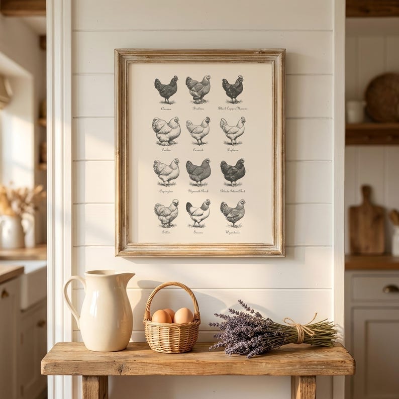 May include: A framed print featuring detailed illustrations of various chicken breeds, displayed above a rustic wooden table. The print is in a neutral color palette, complemented by a cream-colored pitcher, a small basket with eggs, and a bundle of lavender.