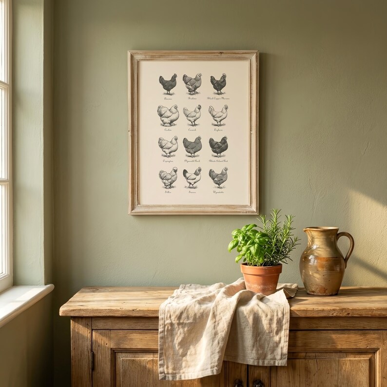 May include: Framed print featuring detailed illustrations of various chicken breeds. The artwork is in black and white, with each chicken depicted in a classic, vintage style. The frame is a light wood color, adding a rustic touch to the piece.