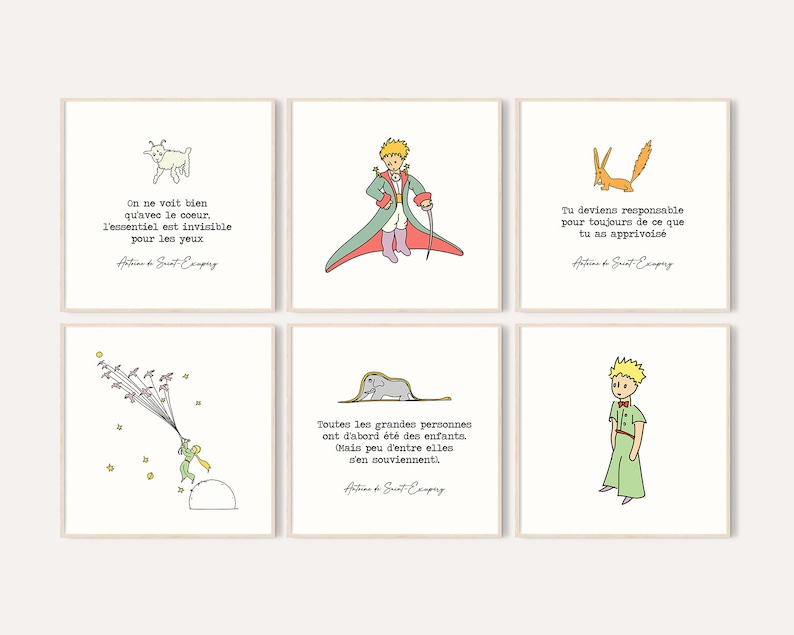 Puede incluir: Conjunto de seis l&aacute;minas art&iacute;sticas enmarcadas con ilustraciones y citas de "El Principito". Cada l&aacute;mina tiene un fondo blanco con un dibujo y texto en franc&eacute;s diferentes. Las ilustraciones incluyen un zorro, un pr&iacute;ncipe y otros personajes.