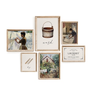 Set of 5 Vintage Laundry Prints / Farmhouse Wall Art / Vintage Woman Oil Painting / Vintage Farmhouse Decor / Rustic Laundry Decor