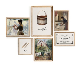 Set of 5 Vintage Laundry Prints / Farmhouse Wall Art / Vintage Woman Oil Painting / Vintage Farmhouse Decor / Rustic Laundry Decor