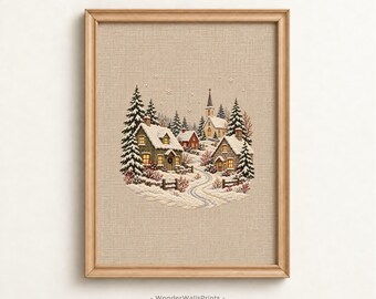 Christmas Village Print | Snowy Cottages in Embroidery Style | Digital Download