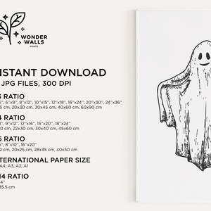May include: A black and white illustration of a ghost with a smiling face. The image is framed with a white border. The text "INSTANT DOWNLOAD 75 JPG FILES, 300 DPI" is at the top of the image. Below the image, there is a list of different aspect ratios and their corresponding sizes in inches and centimetres.