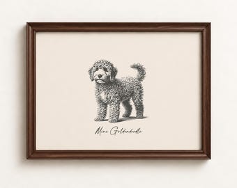 May include: A framed art print featuring a black and white sketch of a curly-haired Mini Goldendoodle dog. The text "Mini Goldendoodle" is printed in a cursive script below the illustration, and "WonderWallsPrints" appears at the bottom.