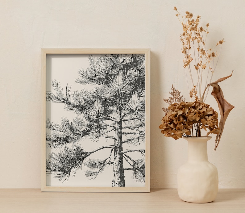 May include: A black and white line drawing of a pine tree in a wooden frame. The frame is sitting on a white surface.