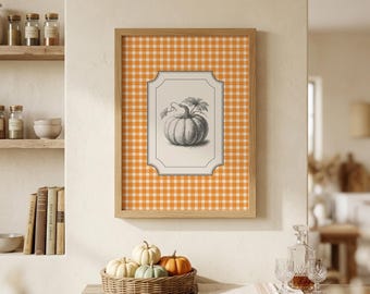Estampado de calabaza / Arte vintage de calabaza a cuadros vichy / Arte de pared de otoño / Arte de pared de Acción de Gracias / Decoración rústica / Arte cottagecore / Descarga digital