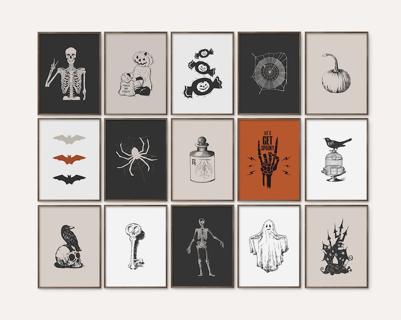 Set of 15 Halloween prints in black, cream, beige, white, and burnt orange, featuring skeletons, a pumpkin-headed trick-or-treater, candy, a spiderweb, bats, a potion bottle, ravens, a ghost, a pumpkin, and a haunted house.