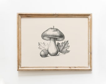 Vintage Mushroom Print: Acorn, Oak Leaf, Fall Decor (Digital Download)
