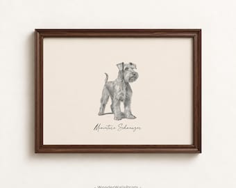 Quadro decorativo de Schnauzer Miniatura para parede | Decoração minimalista com tema de raça canina | Presente para dona de cachorro | Ilustração vintage de pet | Download digital