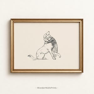 May include: A framed wall art print featuring a black ink line drawing of a child hugging a large dog on a cream background. The frame is metallic gold with a thin profile. The text WonderWallsPrints is printed at the bottom center.