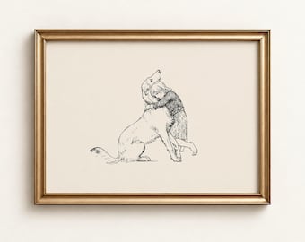 May include: A framed wall art print featuring a black ink line drawing of a child hugging a large dog on a cream background. The frame is metallic gold with a thin profile. The text WonderWallsPrints is printed at the bottom center.