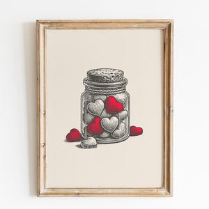 Jar of hearts print | Valentine&#39;s Day print | Vintage love wall art | Valentine&#39;s Day gift | Romantic wall art | Red hearts print