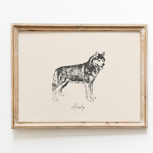 Vintage Hunde Druck | Husky Druck | Hund Zeichnung | Bauernhaus Druck | Landschaft Wall Art