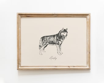 Vintage Dog Print | Husky Print | Dog Drawing | Farmhouse Print | Countryside Wall Art