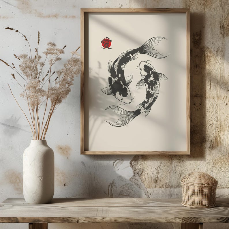 Koi Fish Print | Japanese Koi Poster | Japanese Ink Wall Art | Zen Koi ...