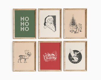 May include: Six framed prints with a Christmas theme. The prints feature illustrations of Santa Claus, a reindeer, a Christmas tree, an angel, and the words "Ho Ho Ho" and "Merry Christmas".