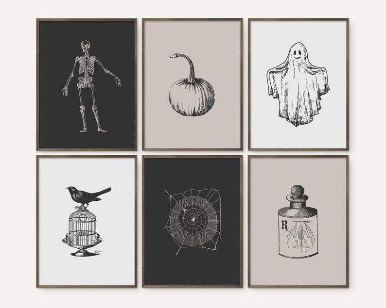 May include: Set of six black and white Halloween themed printable art prints. The prints feature a skeleton, a pumpkin, a ghost, a bird in a cage, a spider web, and a potion bottle with a bat.