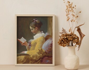 Stampa antica di donna che legge: ragazza vintage con libro (download digitale)