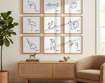 Picasso Animal Print Set | Minimalist Line Art | Modern Living Room Decor | Black White Wall Art | Picasso Wall Art | Digital Download