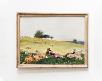 Vintage Sheep Landscape Print: Antique Pastoral Painting (Digital Download)
