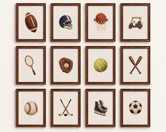 Vintage Sports Nursery Prints - Set of 12 | Baseball, Football, Tennis, Golf | Boys Room Decor | Digital Download