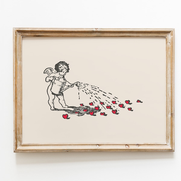 Vintage Cupid print | Valentine's Day wall art | Antique Cupid drawing | Red heart print | Love art