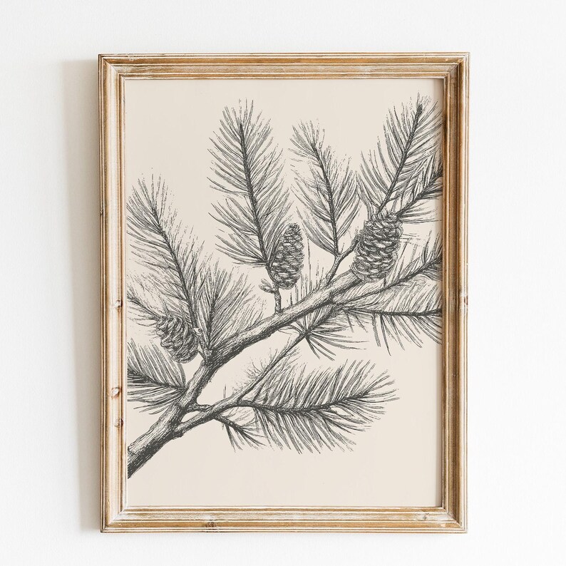 May include: A framed wall art print featuring a detailed black ink sketch of a pine branch with three pinecones on a solid cream-colored background. The artwork is enclosed in a light-toned wooden frame with a visible natural grain texture.