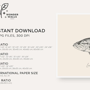 Op de afbeelding: Zwart-wit illustratie van een largemouth bass op een cr&egrave;mekleurige achtergrond. De print is direct te downloaden met meerdere beeldverhoudingen en internationale papierformaten. De tekst "Wonder Walls Prints" staat bovenaan.
