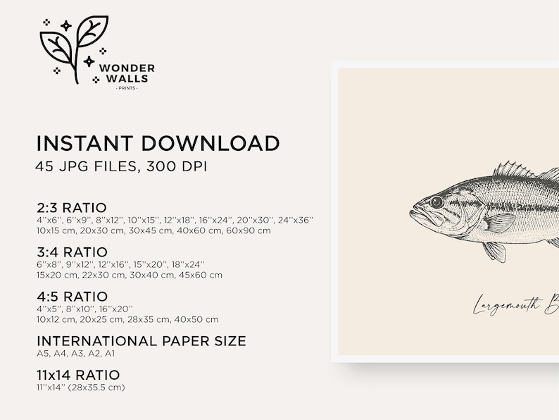 Op de afbeelding: Zwart-wit illustratie van een largemouth bass op een cr&egrave;mekleurige achtergrond. De print is direct te downloaden met meerdere beeldverhoudingen en internationale papierformaten. De tekst "Wonder Walls Prints" staat bovenaan.