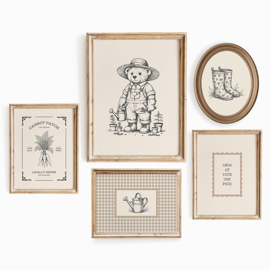 Vintage Gardening Nursery Prints Set of 5 | Neutral Cottagecore Bear ...