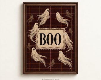 Ghost Wall Art | Vintage Halloween BOO Print | Burgundy Plaid Decor | Digital Download