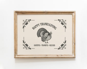 Happy Thanksgiving Wall Art | Turkey Vintage Print | Autumn Wall Decor | Farmhouse Print | Grateful Thankful Blessed Print