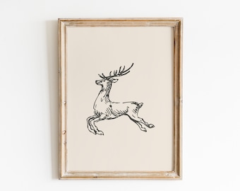 Vintage Deer Print | Rustic Christmas Print | Deer Wall Art | Farmhouse Decor