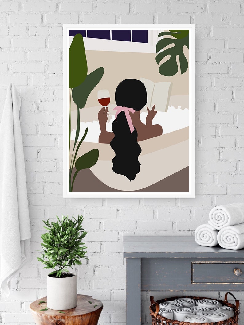 Boho Bathroom Print / Woman Reading in Bathtub Print / Black Woman Bathroom Print / African Woman Portrait Print / Black Girl With Wine 