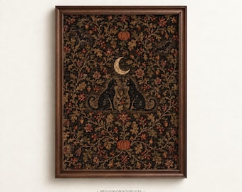 Vintage Dark Textile Art Print | Rustic Tapestry Style | Halloween Cats Wall Art | Digital Download