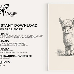 May include: A digital print featuring a black and white line drawing of a baby alpaca on a cream background. Text includes WONDER WALLS PRINTS, INSTANT DOWNLOAD, 5 JPG FILES, 300 DPI, and various aspect ratios and sizes in inches and centimeters.