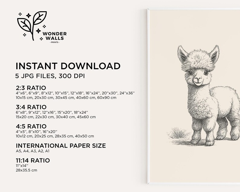 May include: A digital print featuring a black and white line drawing of a baby alpaca on a cream background. Text includes WONDER WALLS PRINTS, INSTANT DOWNLOAD, 5 JPG FILES, 300 DPI, and various aspect ratios and sizes in inches and centimeters.