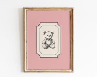 Pink Teddy Bear Print | Vintage Nursery Art (Digital Download)