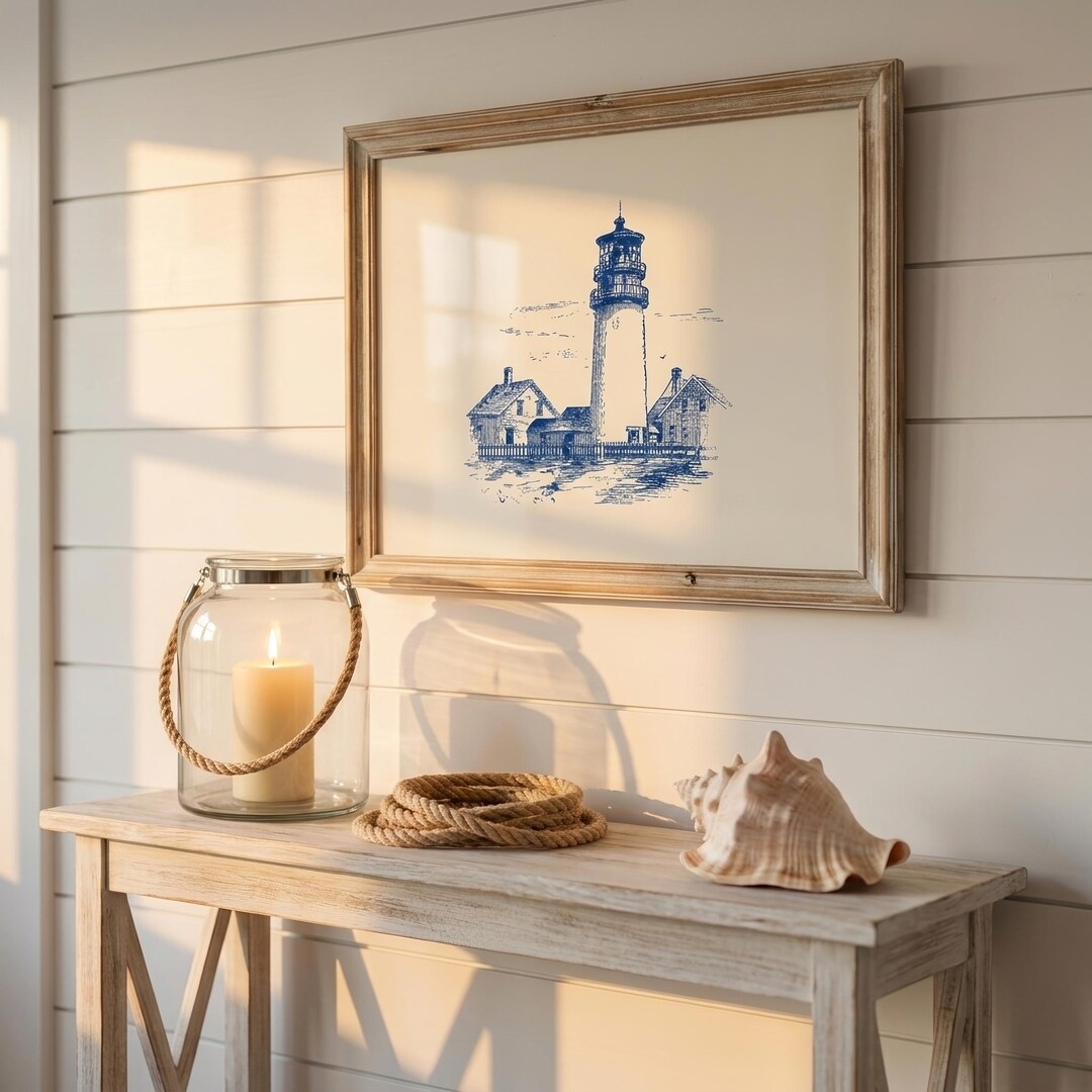 Lighthouse Print | Printable Coastal Wall Art | Navy Blue Vintage ...