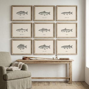 Vintage engraving-style freshwater fish wall art set featuring nine detailed pencil sketch illustrations — Largemouth Bass, Rainbow Trout, Northern Pike, Atlantic Salmon, Walleye, Catfish, Bluegill, Brown Trout, and Muskie — each in a separate light wood frame on a warm cream background, displayed as a gallery wall in a cozy farmhouse living room. Perfect as fishing wall art, lake house decor, or a fishing gift for him. Printable digital download available in multiple sizes.