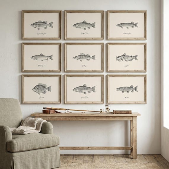 Fishing Wall Art | Fish Print Set | Lake House Decor | Fishing Gift for Him | Cabin Wall Art | Man Cave Decor | Digital Download