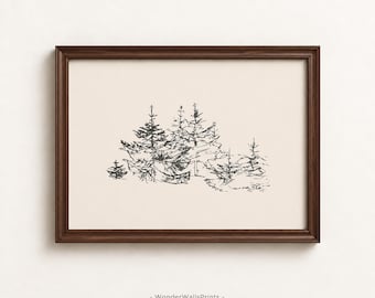 May include: A framed wall art print featuring a dark charcoal ink sketch of a cluster of pine trees on a cream-colored background. The artwork is enclosed in a dark brown wooden frame. The text WonderWallsPrints is printed at the bottom center.