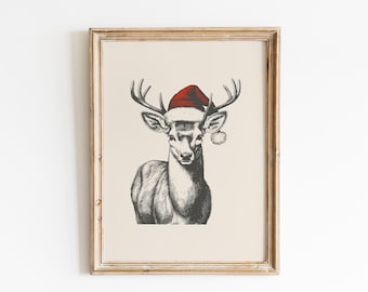 Impresión de ciervo navideño: Arte mural vintage de granja (Descarga digital)