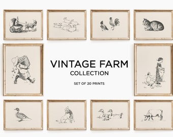 Vintage farm prints - set of 20 | Farmhouse wall art | Country wall art | Farmhouse print | Duck Vintage Print | Cat Wall Art | Horse Print